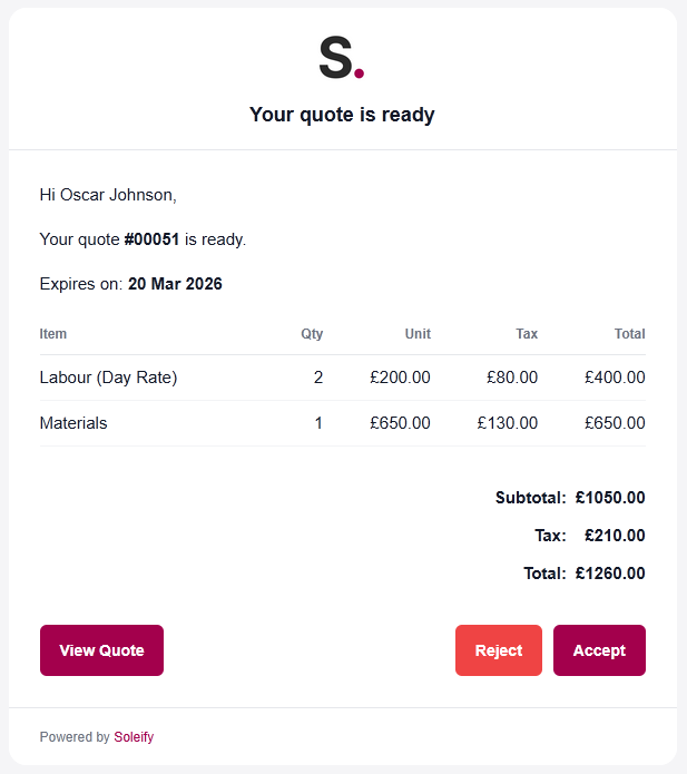 Screenshot of the email a customer receives from Soleify with a link to review their quote.